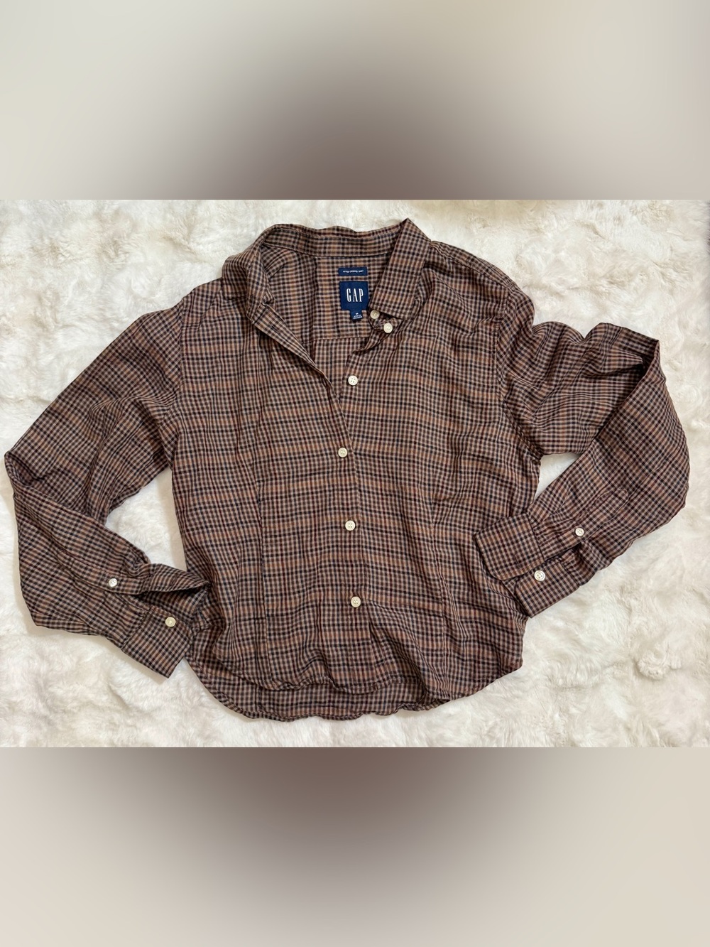 Gap Brown Multicolor Plaid Fitted Cropped Shirt Size M NWOT